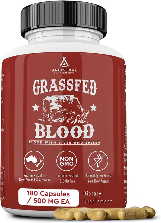 Ancestral Supplements Grass Fed Blood - Fórmula de Sangre, Hígado y Bazo, 500 mg, 180 Cápsulas