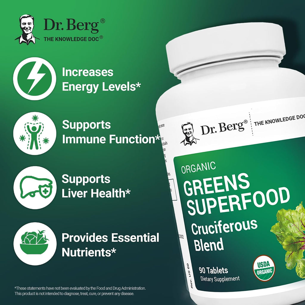 Dr. Berg's Greens Superfood - Comprimidos de Vegetales Crucíferos con 11 Fitonutrientes Orgánicos - 90 Comprimidos