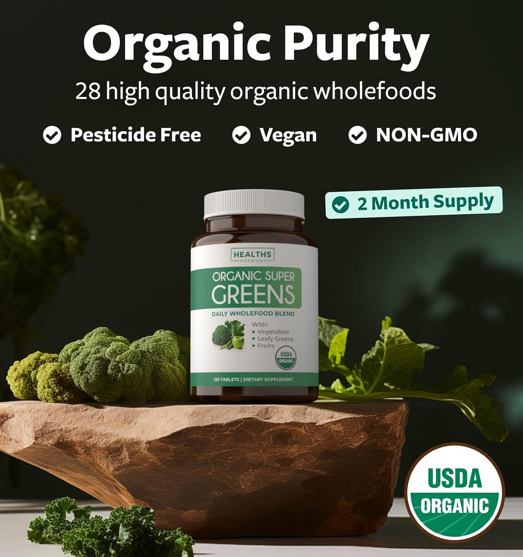 USDA Organic Super Greens Supplement - 28 Superalimentos Orgánicos en Comprimidos - Vegano y Non-GMO - Healths Harmony