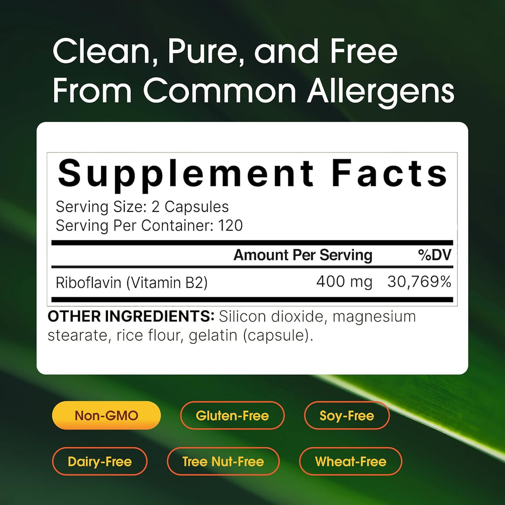 NatureBell Vitamina B2 (Riboflavina) 400mg - 240 Cápsulas - Complemento para Energía y Salud Celular