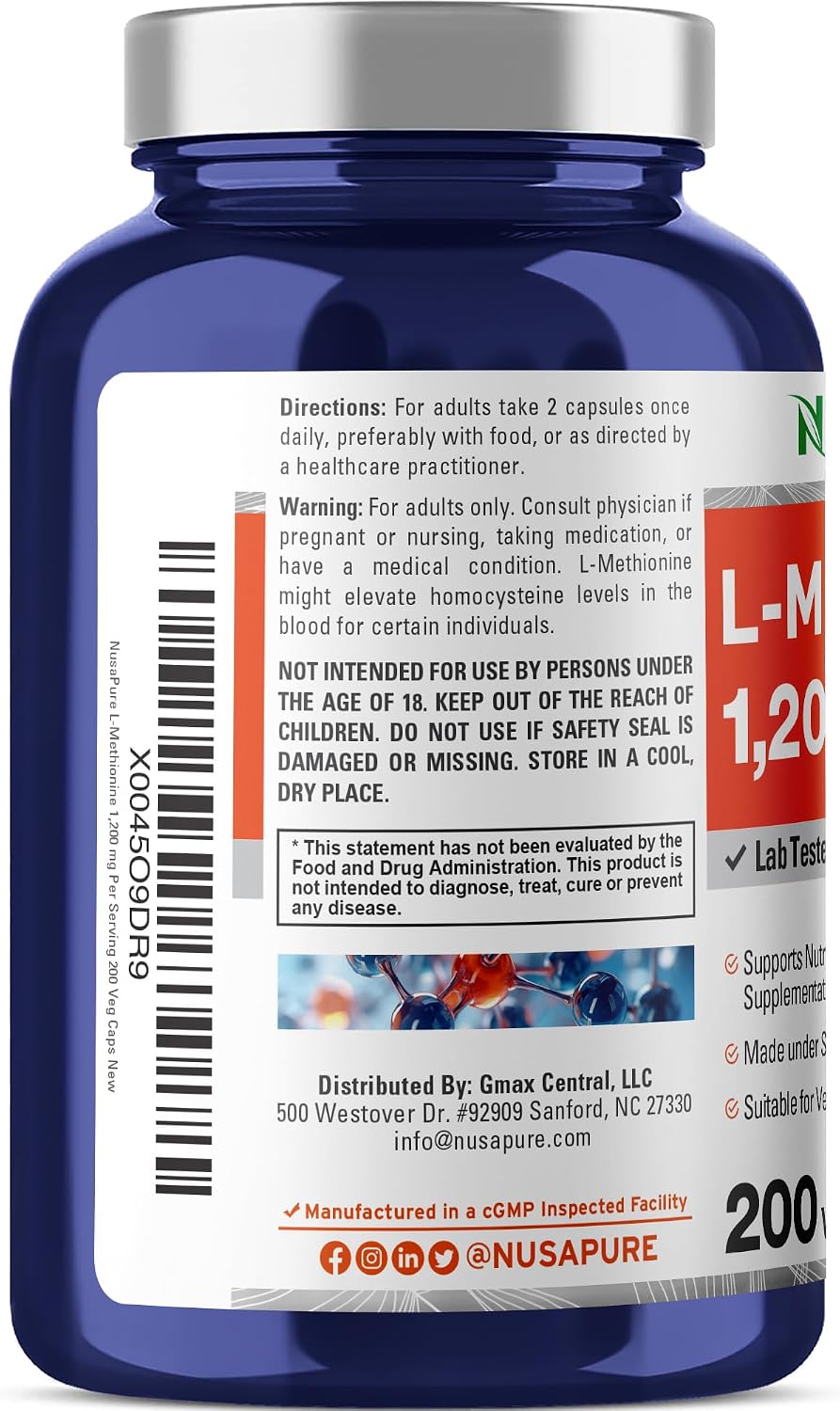 NusaPure L-Metionina 1200 mg | 200 Cápsulas | No GMO | Vegano