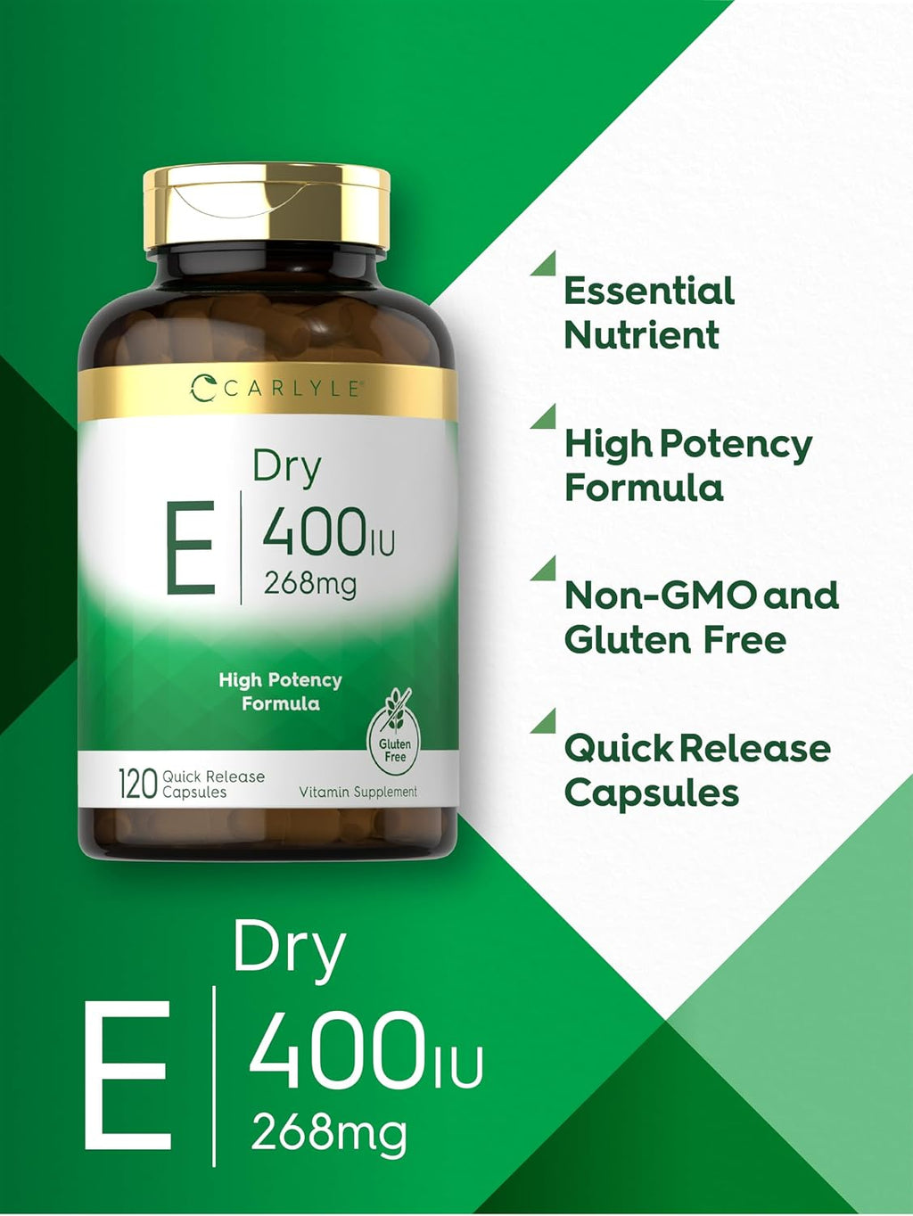 Carlyle Dry Vitamin E 400 UI | 120 Cápsulas | D-Alfa Tocoferilo | Fórmula de Alta Potencia | No-GMO y Sin Gluten