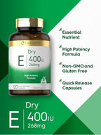 Carlyle Dry Vitamin E 400 UI | 120 Cápsulas | D-Alfa Tocoferilo | Fórmula de Alta Potencia | No-GMO y Sin Gluten