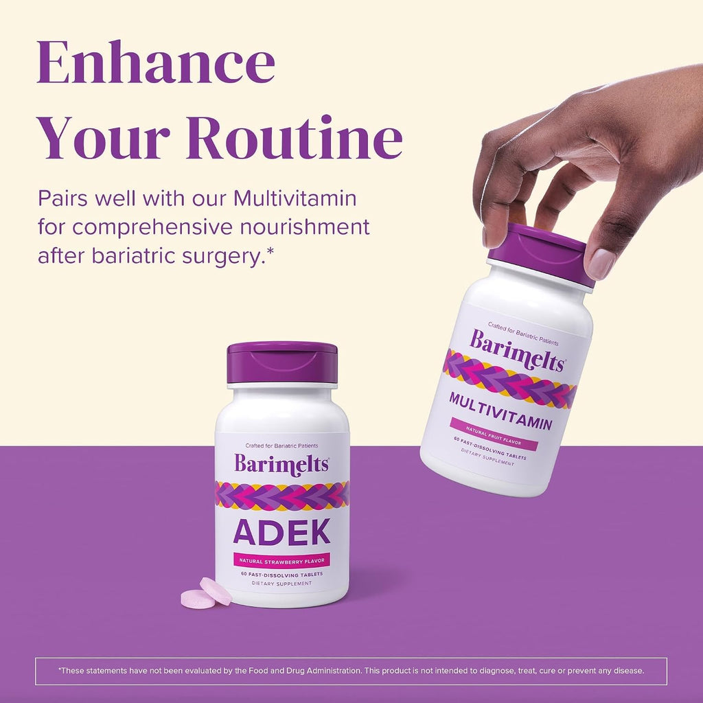 Barimelts ADEK - 60 comprimidos de disolución rápida (2 meses) - Vitaminas bariátricas para mujeres con vitamina A, D, E y K, sabor natural a fresa