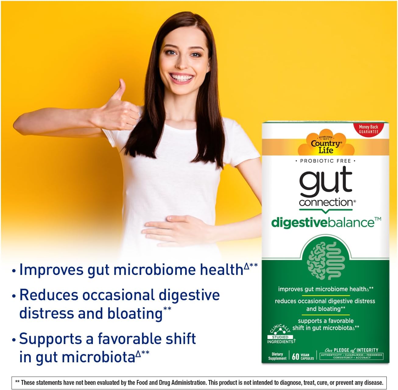 Country Life Gut Connection Digestive Balance – Prebiótico y Enzimas Digestivas para la Salud Intestinal, 60 Cápsulas