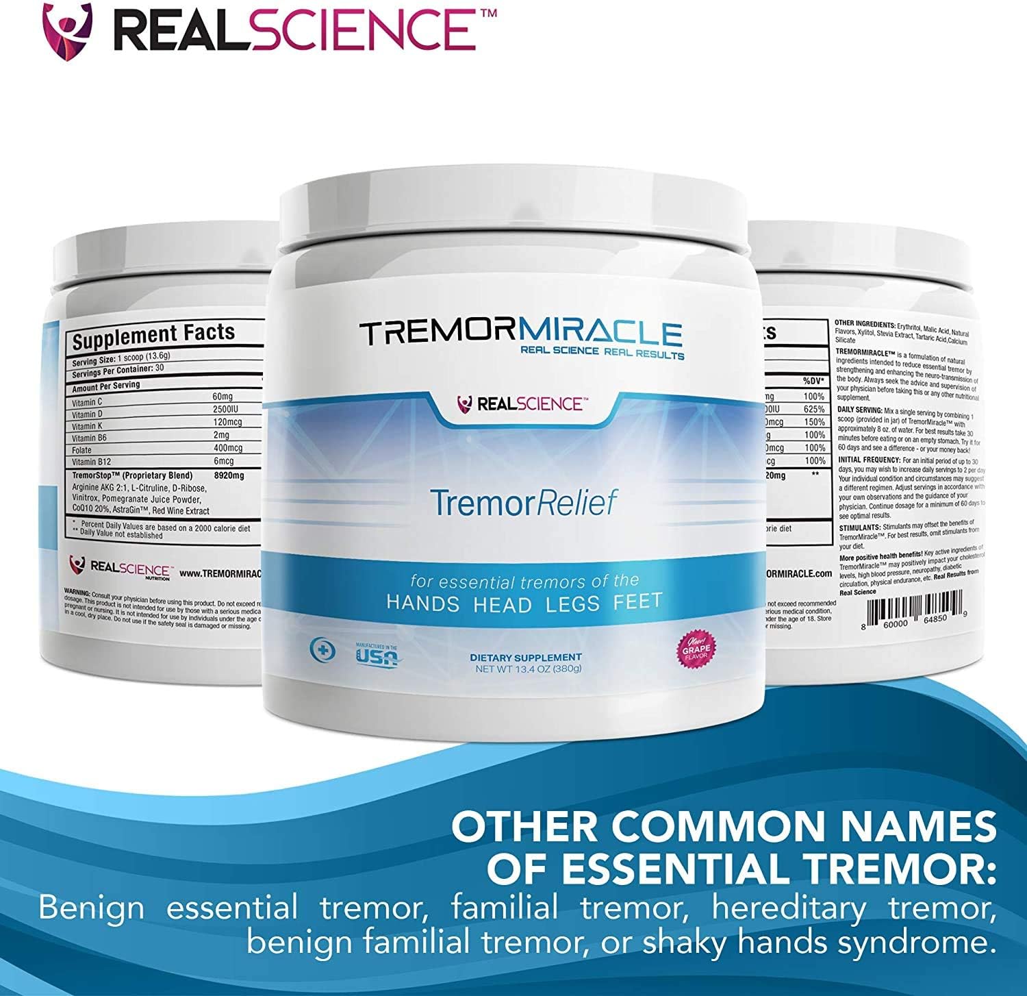 Tremor Miracle - Complemento Herbal en Polvo para Temblores Esenciales, Sabor Uva (381 g)