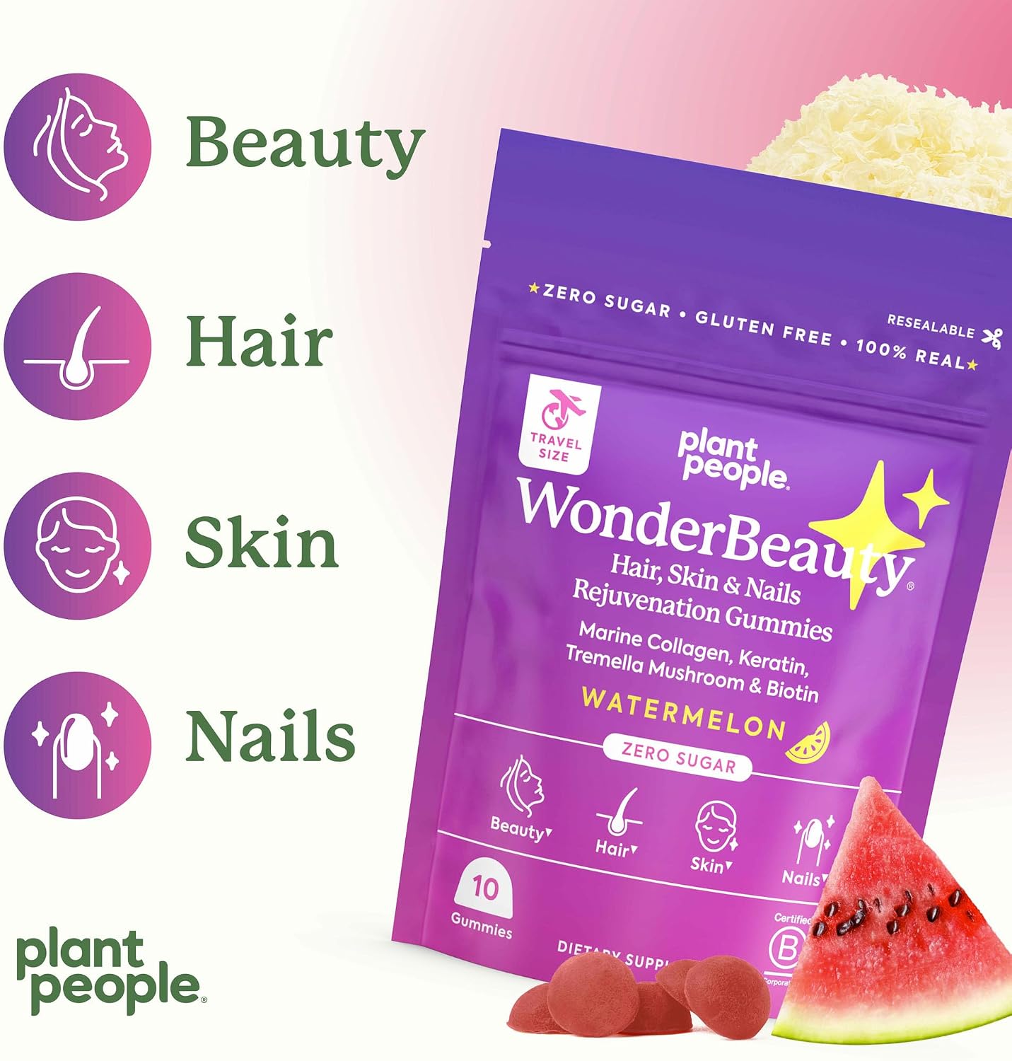 Plant People WonderBeauty Gominolas Rejuvenecedoras para Piel, Cabello y Uñas con Seta Tremella, Colágeno, Queratina y Biotina – Sabor Sandía, 10 Gominolas
