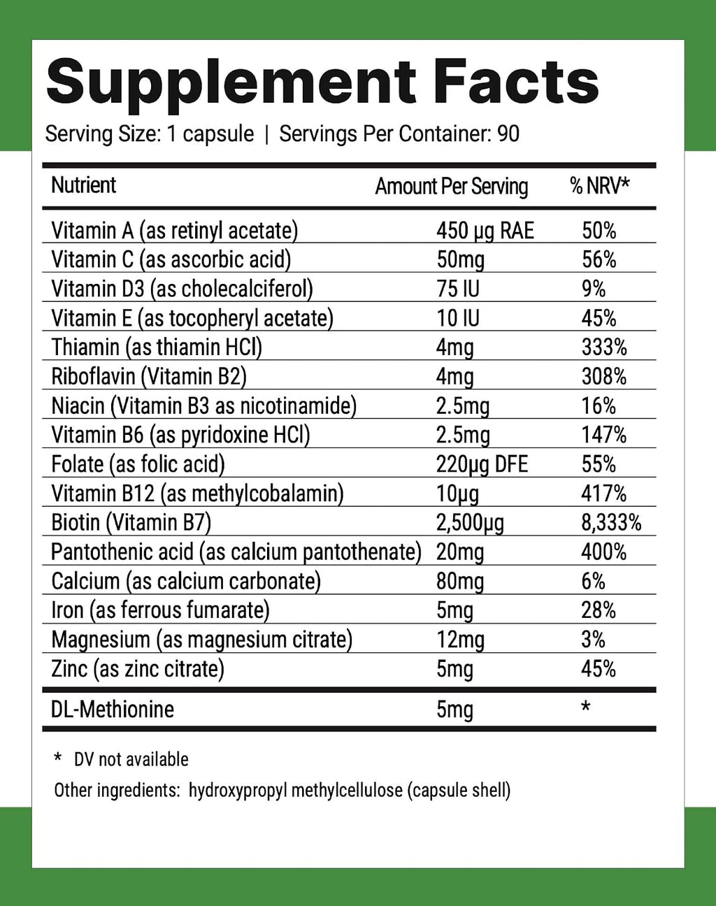 Nutri-Align Hair Defence Biotin Complex | 90 Cápsulas | Biotina 2500mcg + Vitamina A, Ácido Fólico y Calcio