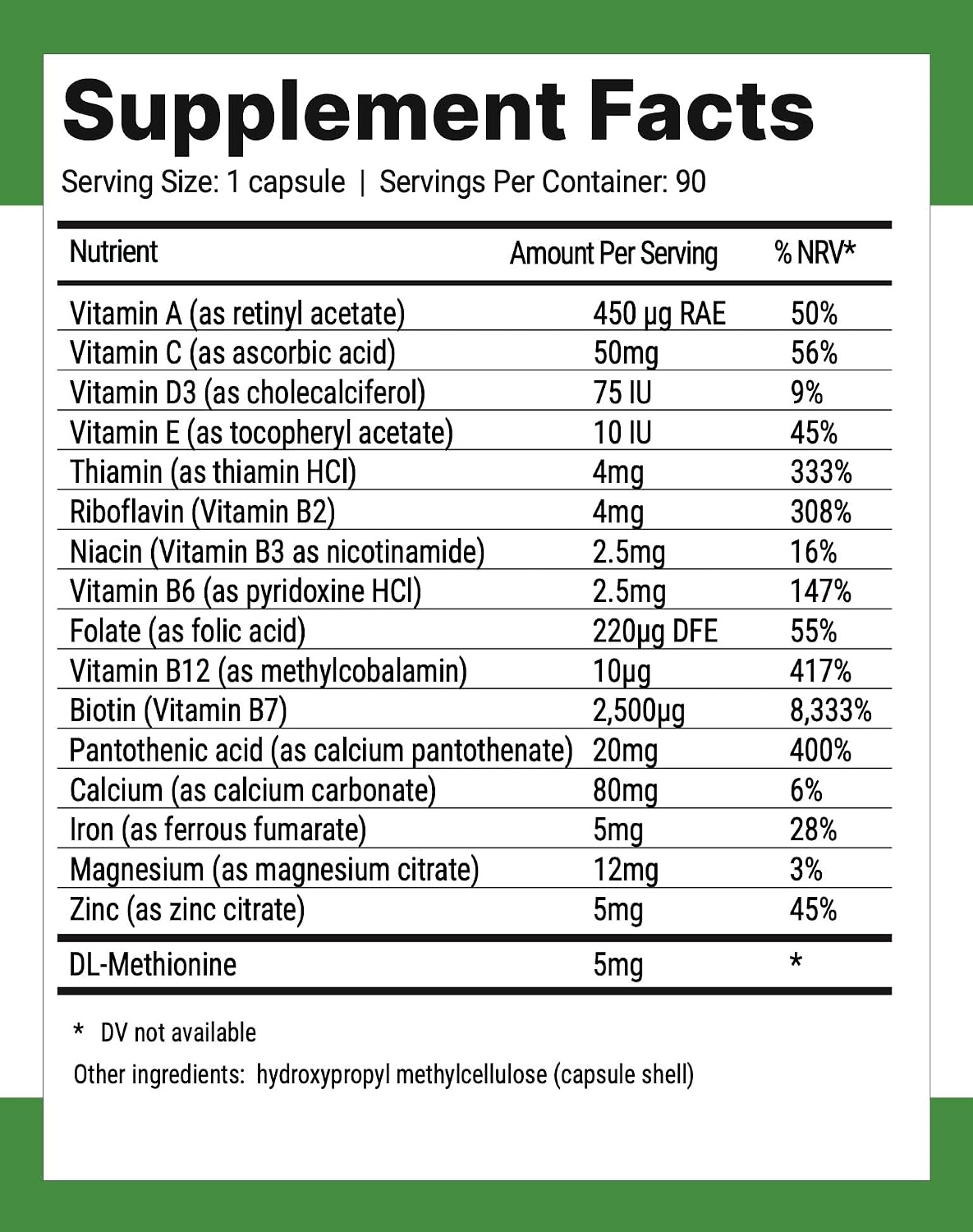 Nutri-Align Hair Defence Biotin Complex | 90 Cápsulas | Biotina 2500mcg + Vitamina A, Ácido Fólico y Calcio