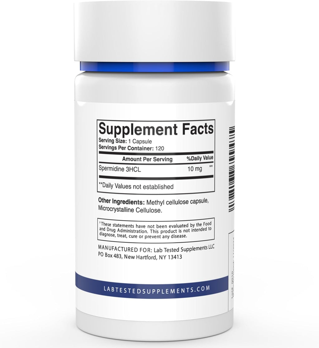 Suplemento de Espermidina 3HCL - 120 Cápsulas de 10 mg - Certificados de Análisis por Lote - Espermidina Trihidrocloruro