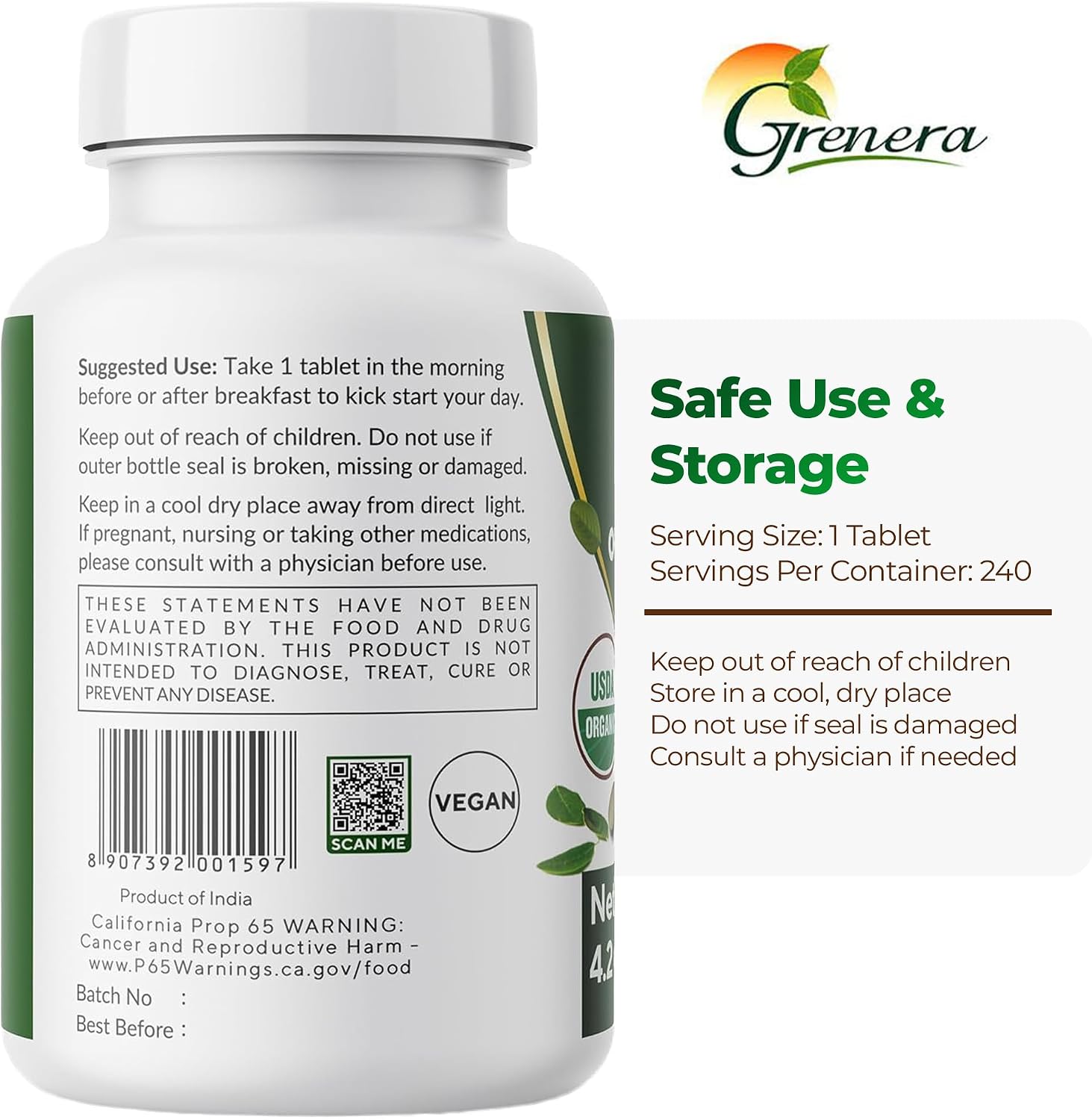 Grenera Organic Moringa Tablets - 500 mg - 240 Tablets