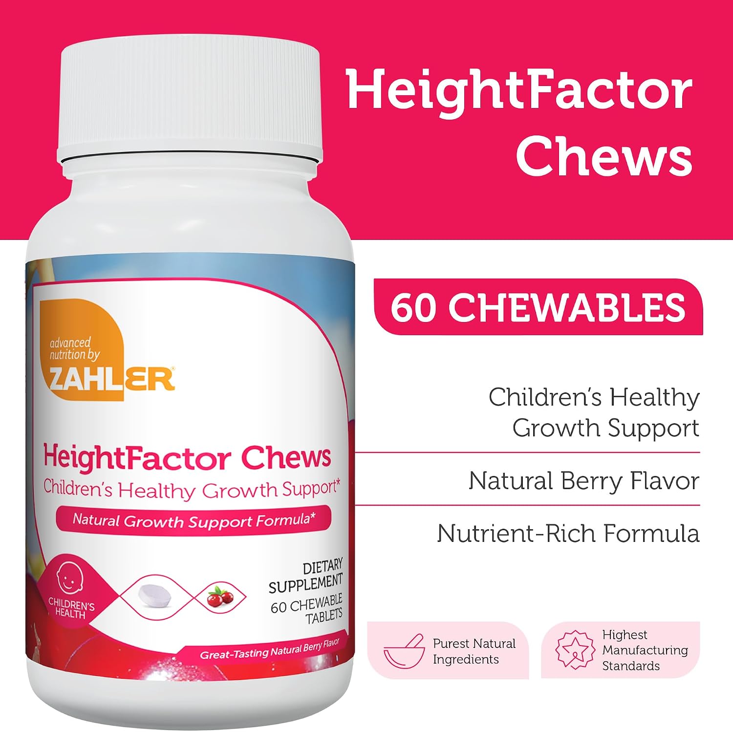 Zahler HeightFactor Comprimidos Masticables - Suplemento de Crecimiento para Niños a Partir de 4 Años, 60 Comprimidos