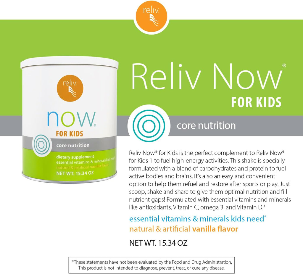 RELIV Now for Kids Vainilla - Batido Nutricional con Vitaminas y Minerales Esenciales, Proteína Vegetal y DHA, 15 porciones