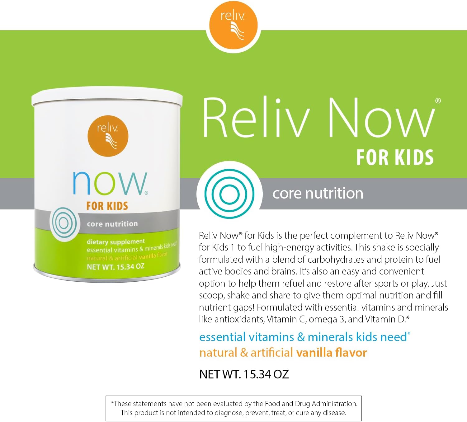 RELIV Now for Kids Vainilla - Batido Nutricional con Vitaminas y Minerales Esenciales, Proteína Vegetal y DHA, 15 porciones