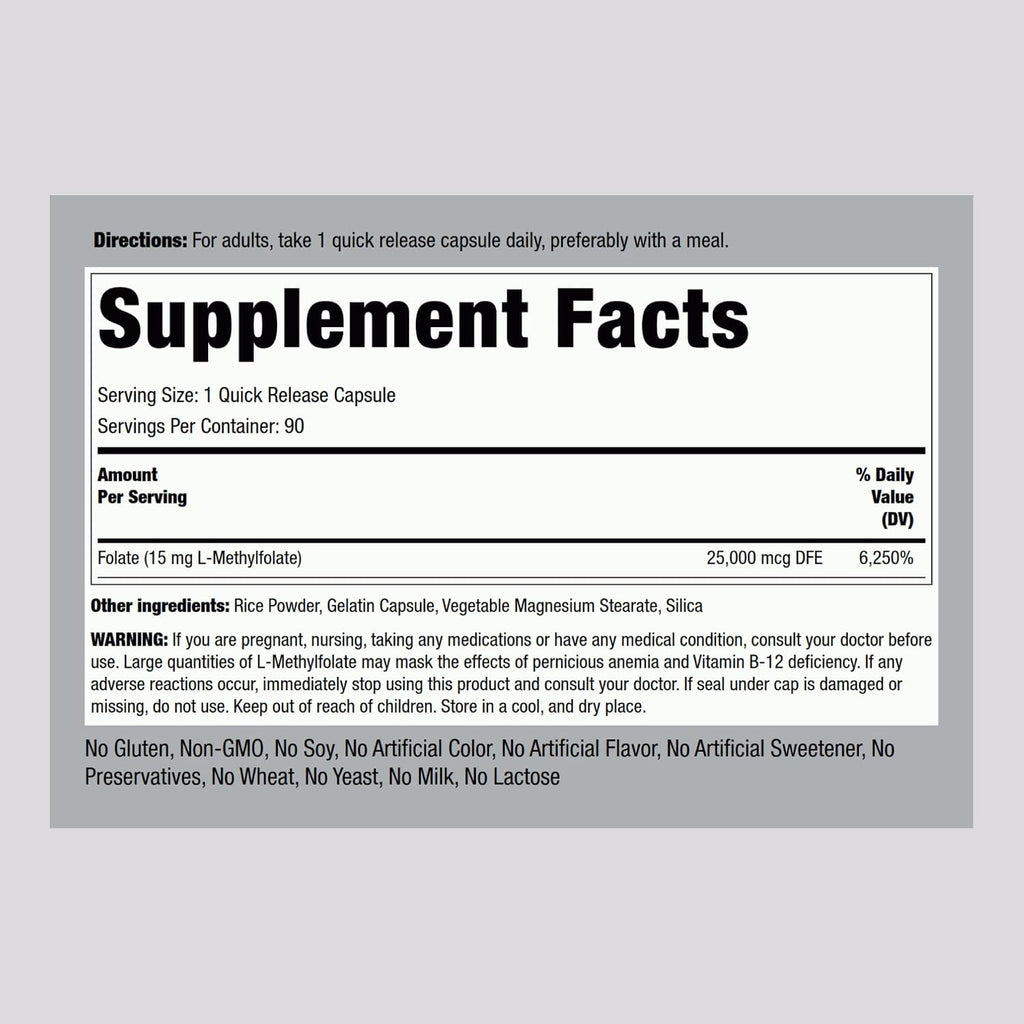 Piping Rock L-Metilfolato 15 mg | 90 Cápsulas | Ácido Fólico Activo | No-GMO, Sin Gluten