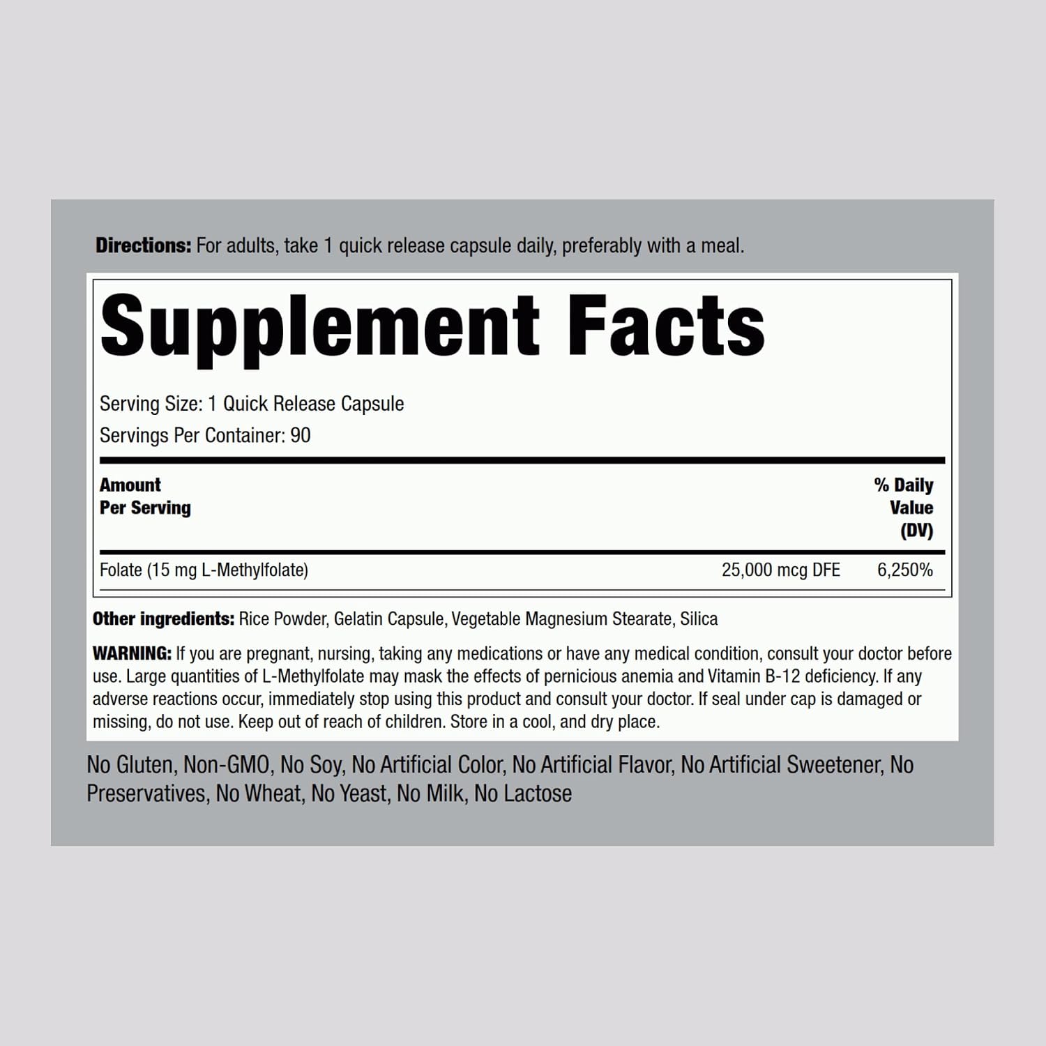 Piping Rock L-Metilfolato 15 mg | 90 Cápsulas | Ácido Fólico Activo | No-GMO, Sin Gluten