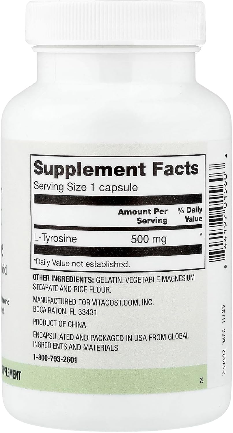 Vitacost Everyday, L-Tirosina, 500 mg, 100 Cápsulas