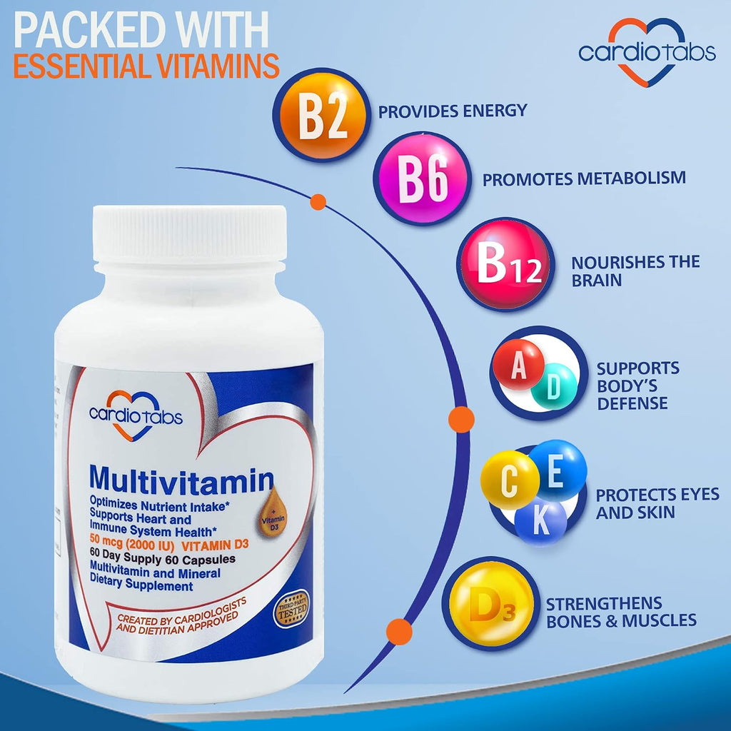 CardioTabs Multivitamínico - Complejo de Vitaminas y Minerales con CoQ10, Luteína y Licopeno, 60 Cápsulas