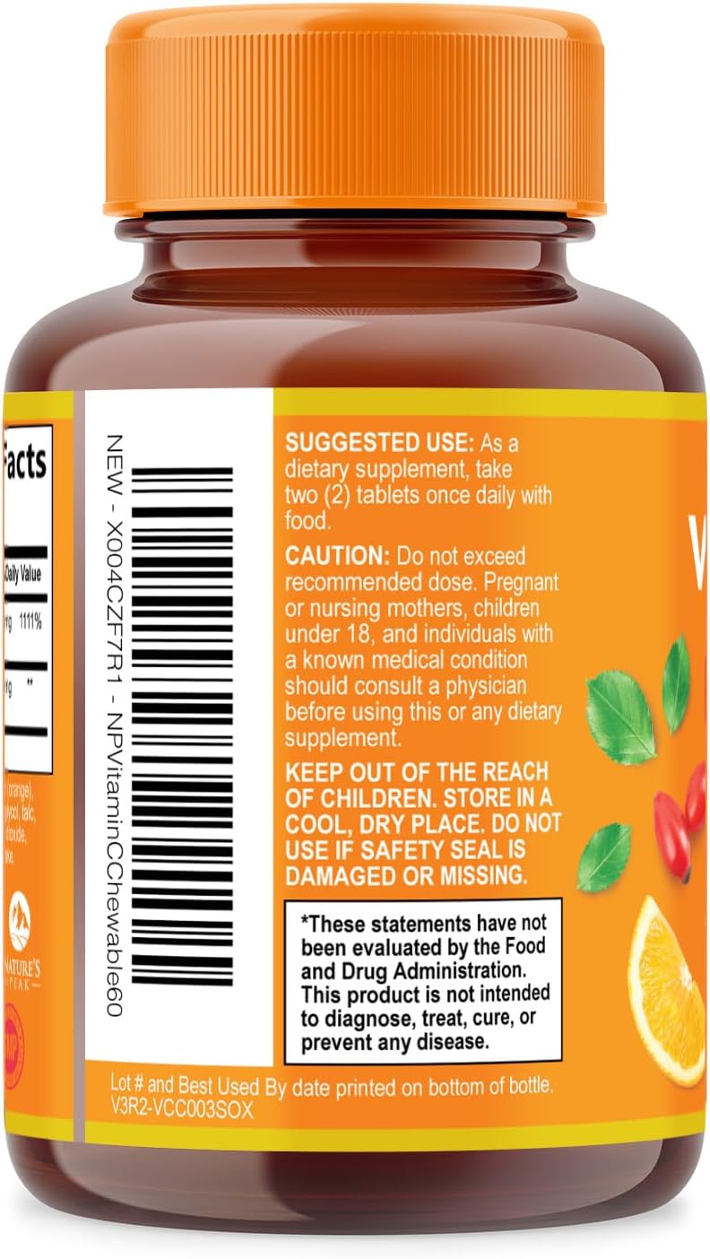 Nature's Peak Vitamina C 1000 mg con Rosa Mosqueta - 60 Comprimidos Masticables Sabor Naranja Sin Azúcar