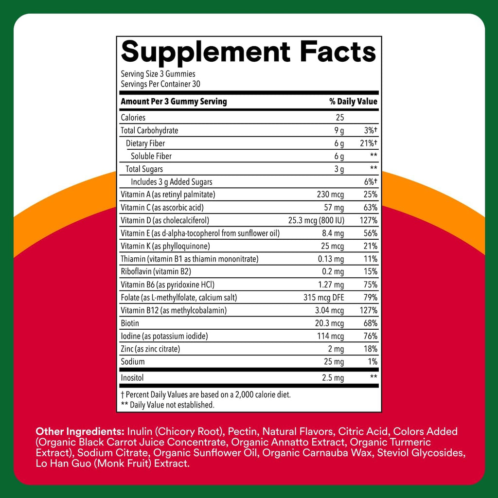 SmartyPants Plus Multi & Fiber Multivitamínico en Gominolas para Hombres y Mujeres con Fibra Prebiótica, Omega 3 DHA/EPA, Vitaminas D3, C, B12, B6, A, K, Zinc, Clean Label, Tres Sabores de Frutas, 90 unidades (Ración para 30 días)