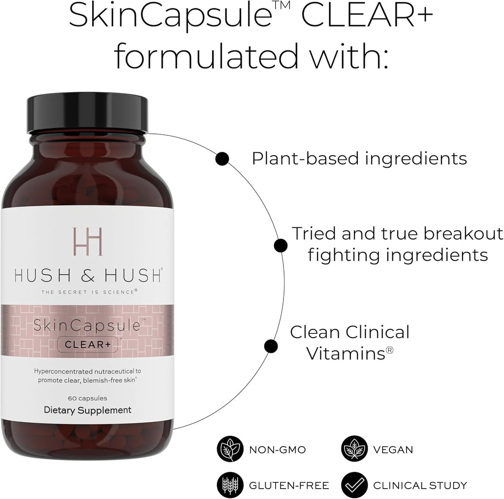 Hush & Hush Suplemento para el Acné – 60 Cápsulas – Fórmula Vegana con Vitamina A, Zinc y Cúrcuma