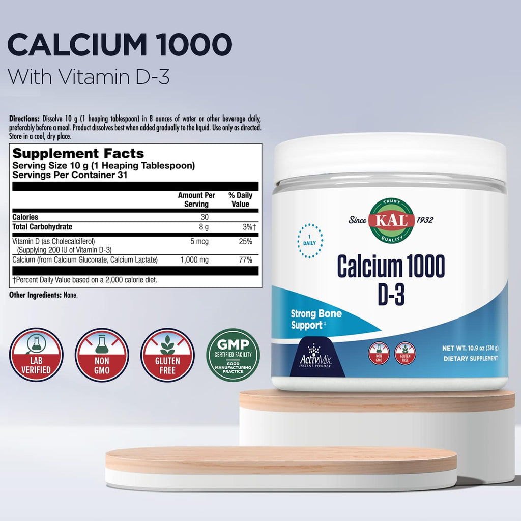 KAL Calcio Vitamina D-3 ActivMix, Polvo de Calcio, Lactato y Gluconato de Calcio Biodisponible, Sin Sabor, Sin Gluten, 31 Dosis, 10.9 oz