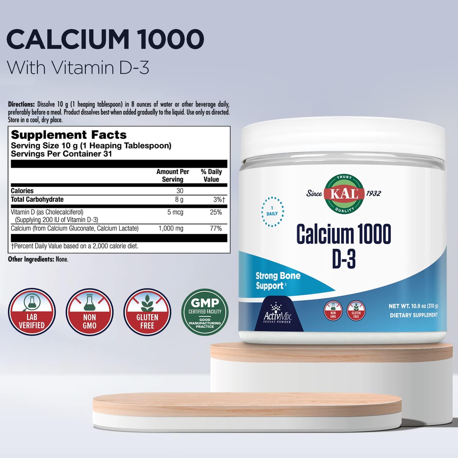KAL Calcio Vitamina D-3 ActivMix, Polvo de Calcio, Lactato y Gluconato de Calcio Biodisponible, Sin Sabor, Sin Gluten, 31 Dosis, 10.9 oz