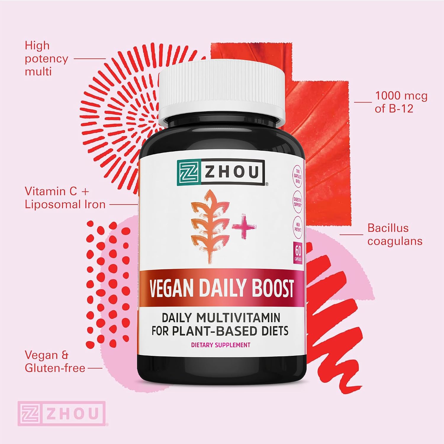 Zhou Multivitamínico Vegano para Mujeres y Hombres, Suplemento Diario con Hierro y Zinc - 60 Cápsulas Vegetales