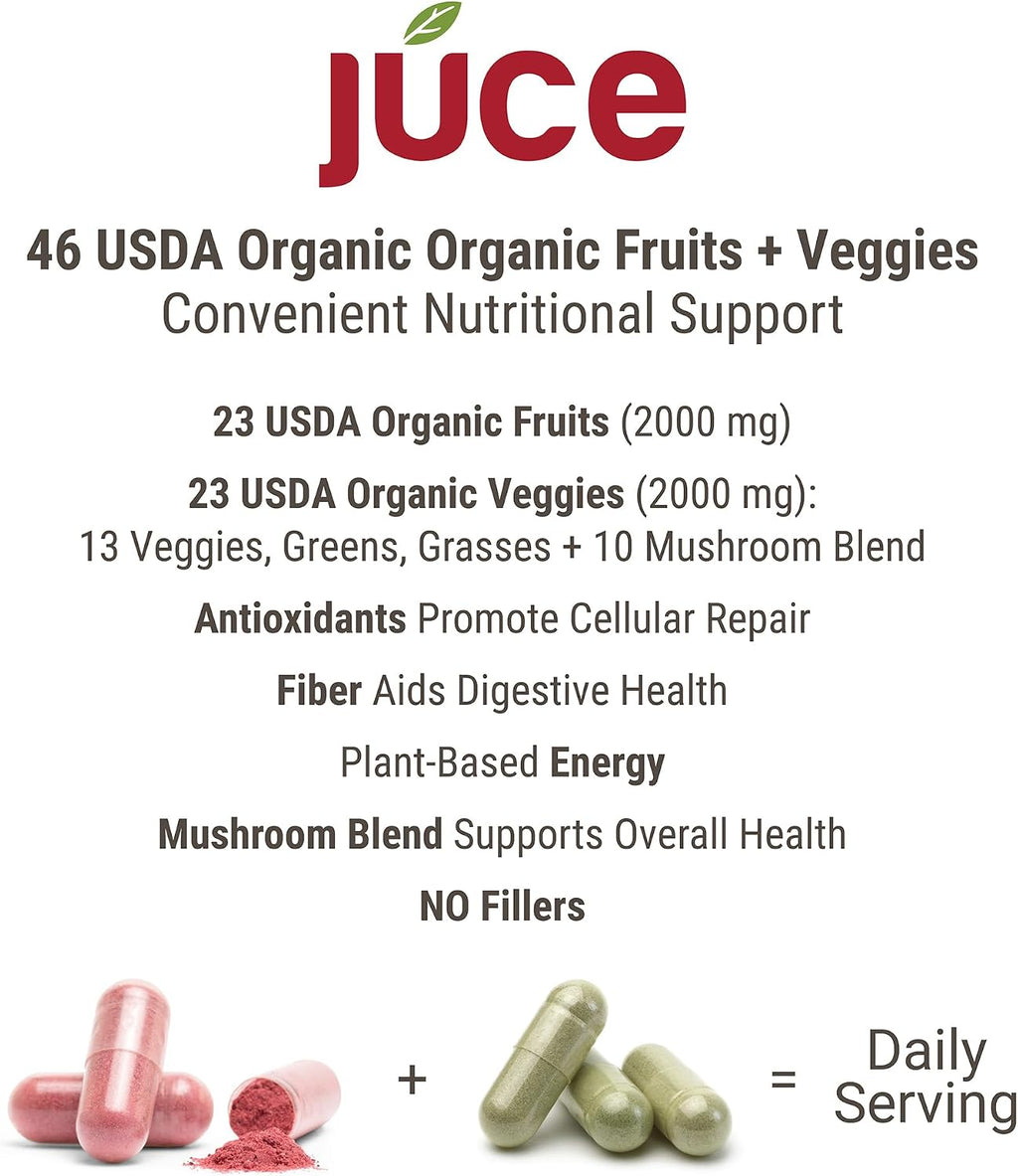 Juce Original Formula - Complemento Orgánico de Superfrutas y Verduras - 23 Frutas y 23 Verduras - 180 Cápsulas - Terra Kai Organics