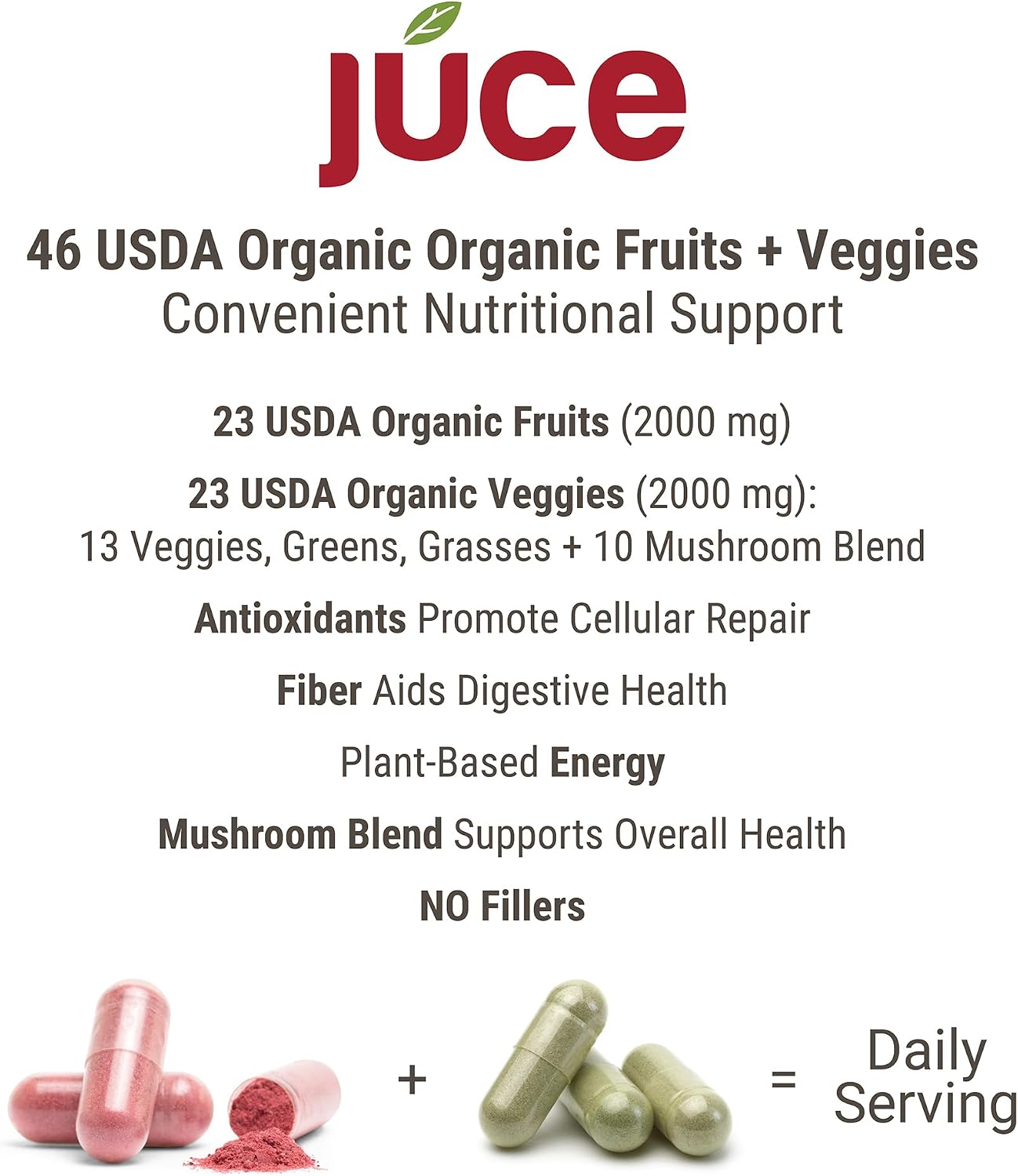 Juce Original Formula - Complemento Orgánico de Superfrutas y Verduras - 23 Frutas y 23 Verduras - 180 Cápsulas - Terra Kai Organics