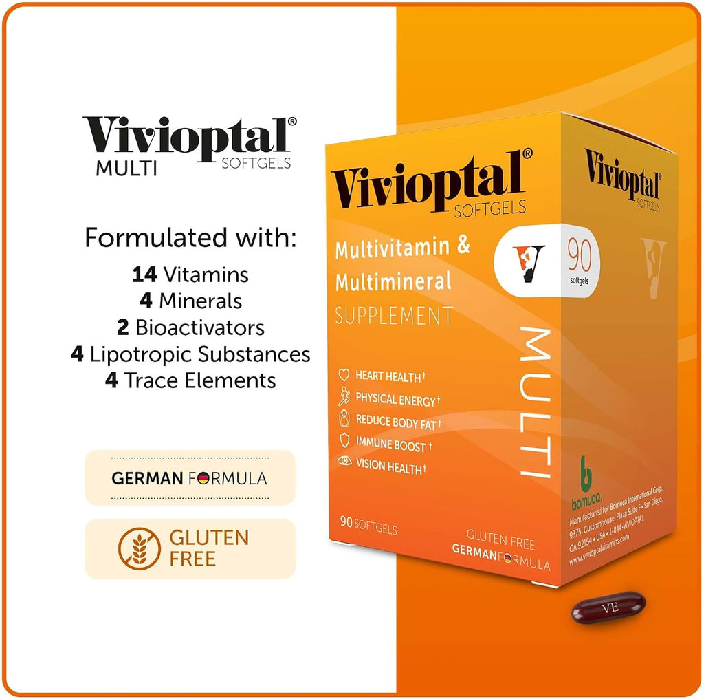 Vivioptal Multi, 90 Cápsulas Blandas (Suministro para 1 Año), Multivitamínico y Multimineral, Sin Gluten, Fórmula Alemana