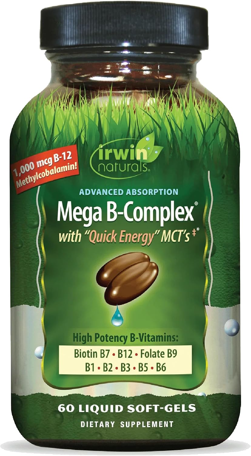 Irwin Naturals Mega B-Complex - 60 Cápsulas Blandas Líquidas - Complejo B con Vitamina B12, Folato B9, Biotina B7, B1, B2, B3, B5, B6 y MCT