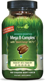 Irwin Naturals Mega B-Complex - 60 Cápsulas Blandas Líquidas - Complejo B con Vitamina B12, Folato B9, Biotina B7, B1, B2, B3, B5, B6 y MCT