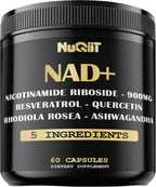 NUQIIT Suplemento NAD+ con Nicotinamida Ribósido, Resveratrol, Quercetina, Cúrcuma, Rhodiola Rosea - 60 Cápsulas