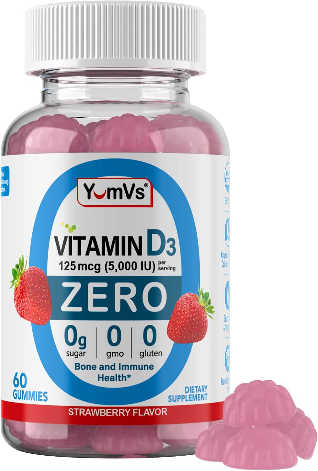 Yum-Vs Gominolas de Vitamina D3 Sin Azúcar - 125 mcg (5000 UI) - 60 Gominolas Vegetarianas