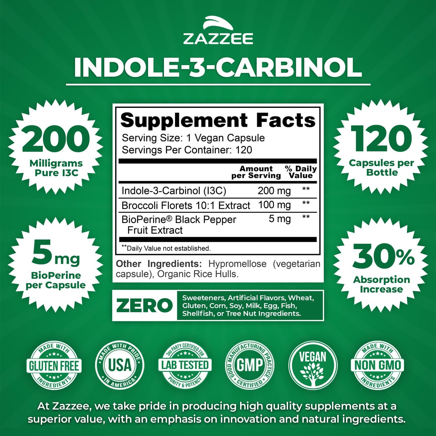 Zazzee Indol-3-Carbinol (I3C) – 200 mg por cápsula, 120 cápsulas veganas con BioPerine
