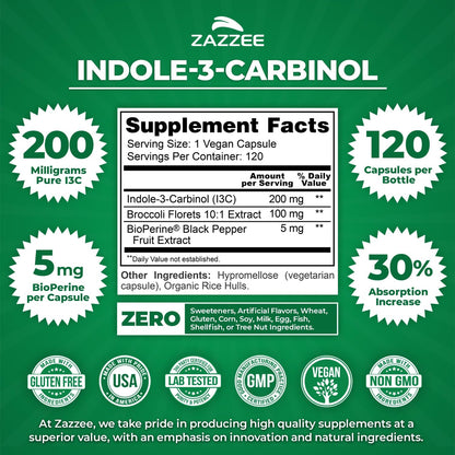 Zazzee Indole-3-Carbinol (I3C) – 200 mg por cápsula, 120 cápsulas veganas con BioPerine – Image 2
