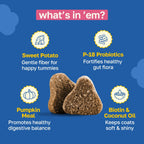 Happy Paws Suplemento para la Piel y el Pelaje de Perros, Apoyo para Picor y Alergias, Confort para Piel Seca y Control de Caída del Pelo con Aceite de Coco y Vitamina B12, Sabor a Pollo Vegano, 100 Masticables