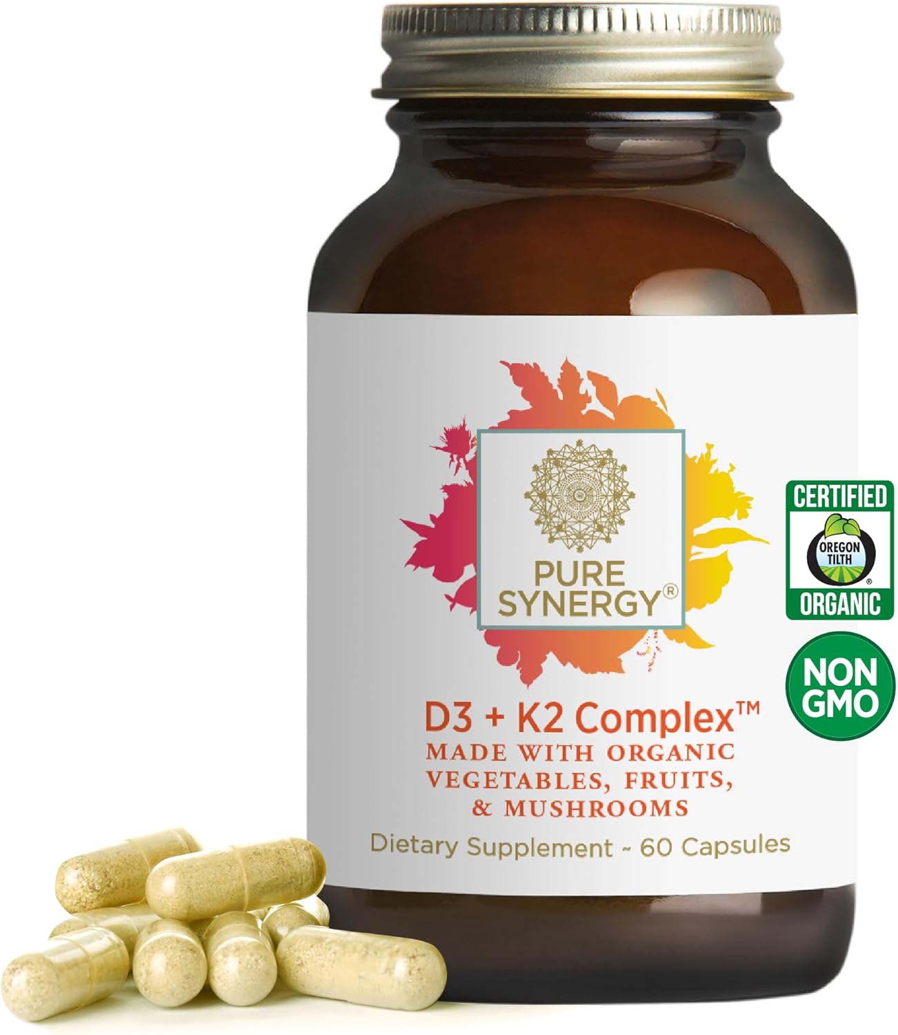 PURE SYNERGY D3 + K2 Complex | Complejo Vegano de Vitamina D3 y K2 con Algas Orgánicas y Alimentos Integrales | 60 Cápsulas