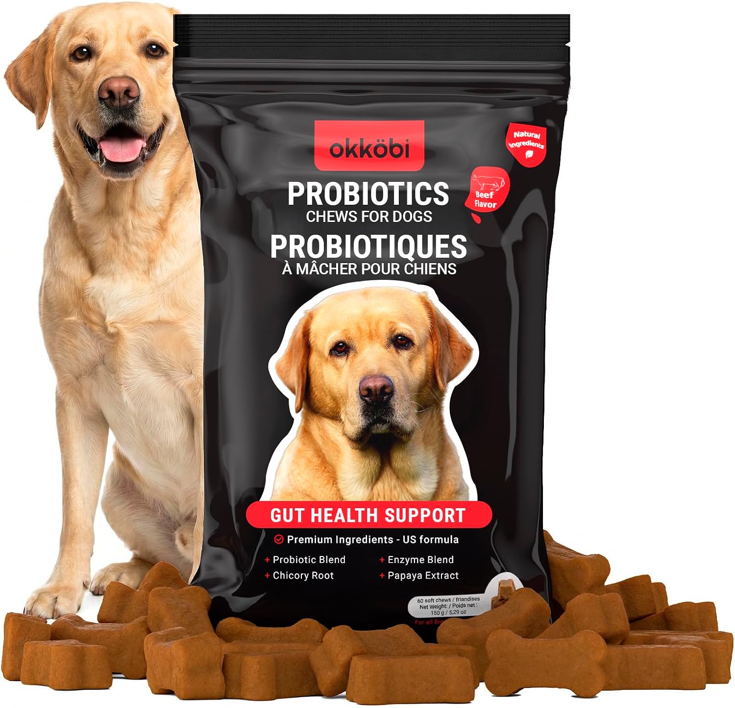 Probióticos para perros en masticables - 60 unidades - Apoyo digestivo y salud intestinal - Sabor a ternera