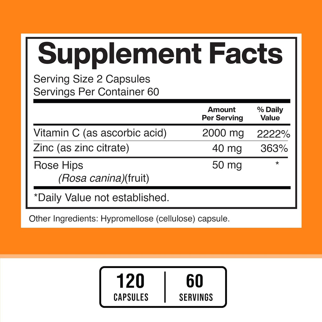 American Standard Supplements Vitamina C 2000mg, Zinc 40mg y Escaramujo 50mg por dosis, Vegano, Sin Gluten, No-GMO (120 cápsulas)