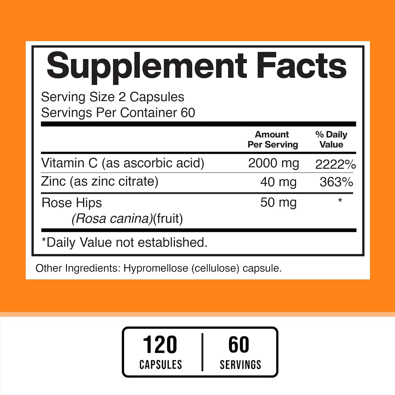 American Standard Supplements Vitamina C 2000mg, Zinc 40mg y Escaramujo 50mg por dosis, Vegano, Sin Gluten, No-GMO (120 cápsulas)