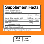 American Standard Supplements Vitamina C 2000mg con Zinc y Escaramujo - 120 Cápsulas