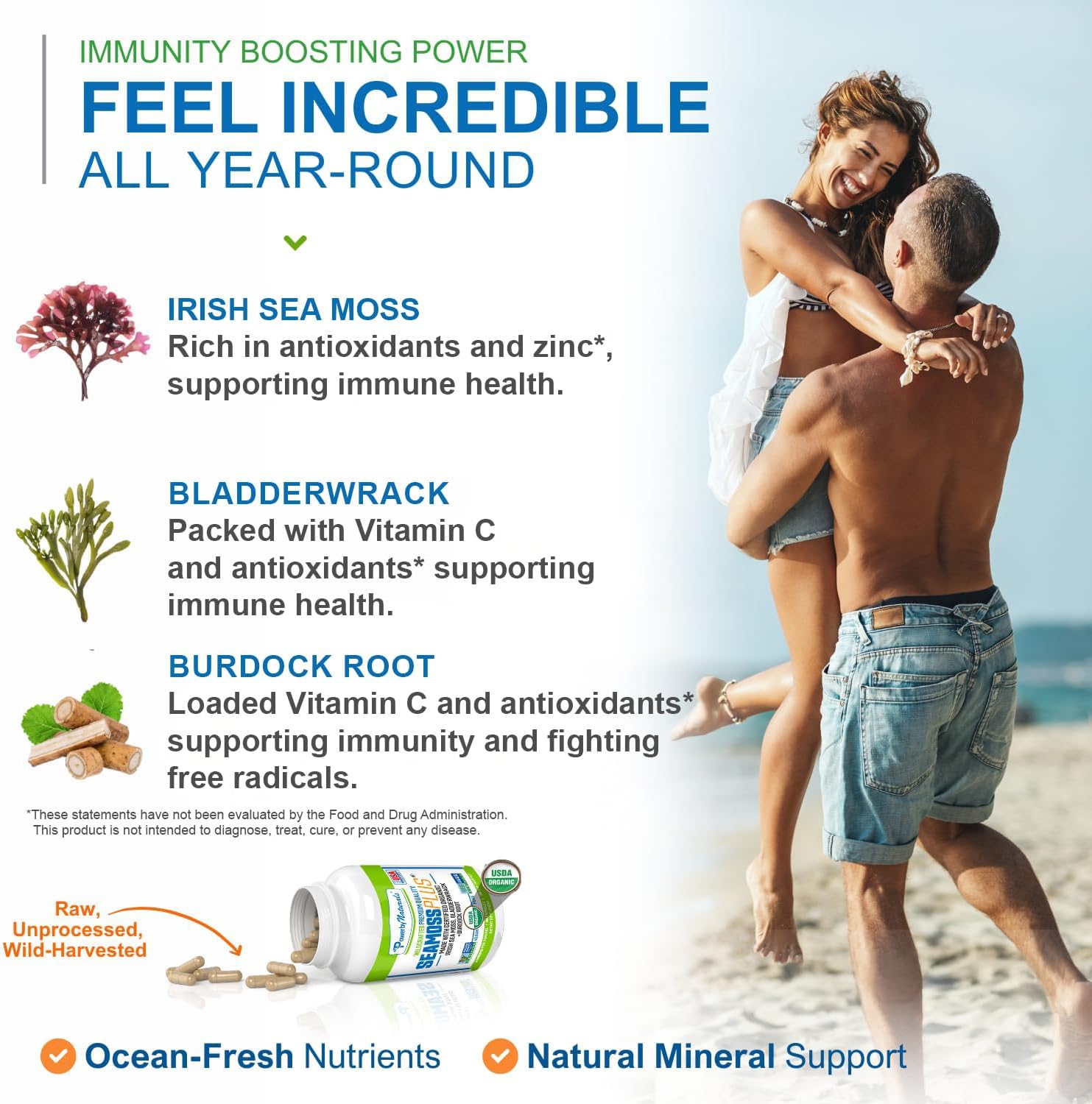 Power By Naturals Sea Moss Plus – Cápsulas Orgánicas de Musgo Irlandés con Bladderwrack y Raíz de Bardana – 60 Cápsulas (1 Mes)
