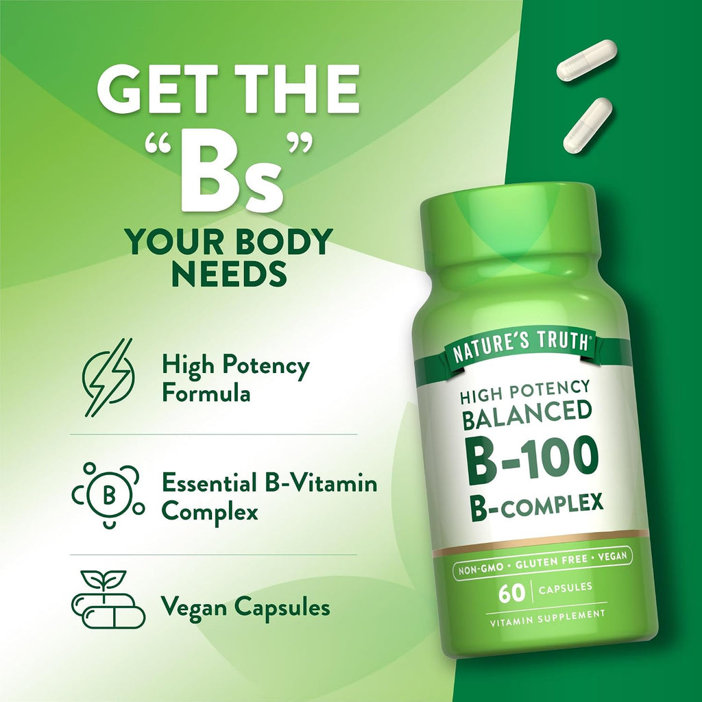 Nature's Truth Complejo B Vitaminas B Completo, 60 Cápsulas, Alta Potencia B-100, Vegano, Sin Gluten
