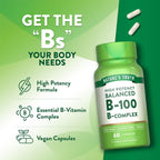 Nature's Truth Complejo B Vitaminas B Completo, 60 Cápsulas, Alta Potencia B-100, Vegano, Sin Gluten