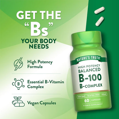 Nature's Truth Complejo B Vitaminas B Completo, 60 Cápsulas, Alta Potencia B-100, Vegano, Sin Gluten – Image 5