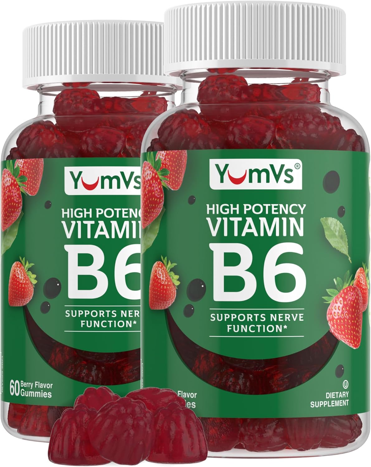 YUM-V'S Gominolas de Vitamina B6 Alta Potencia 100mg - Sabor Fresa - 60 Gominolas (2 Paquetes)