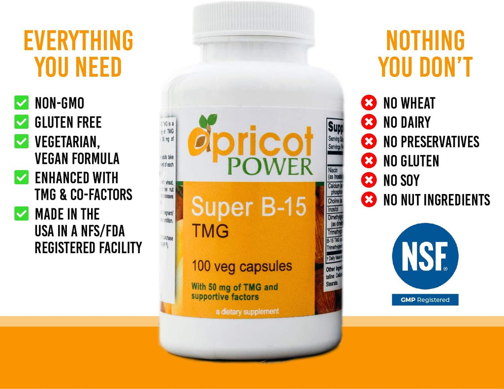Apricot Power Super B-15 Ácido Pangámico No Tóxico - Apoya los Niveles de Oxígeno y Energía - 100 Cápsulas Veganas