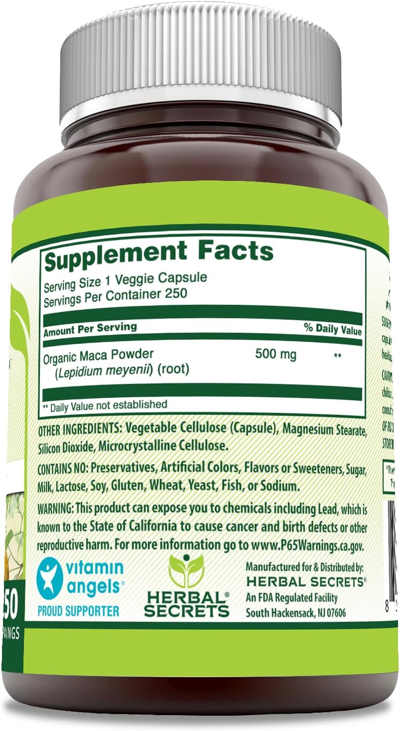 Herbal Secrets Maca 500mg 250 Cápsulas Vegetales | No-GMO | Sin Gluten | Fabricado en USA | Apto para Vegetarianos
